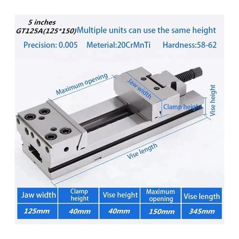 Precision Machine Vise Featuring A Quick Adjust Slide Bar And Rock Tight Jaw Grip Built Like A Tank For Cnc Engraving and Heavy Duty Workshop Clamping Jobs, 5 inches, 125mm jaw width, metal construction.