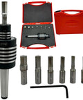 MT2 Rotary Broach Tool Holder With 7 Piece Hex Broach Set In Imperial Sizes, red case, and hex wrench, front view