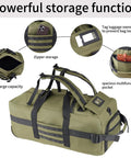 80L rolling duffel bag in olive-green with wheels and adjustable handle (front view)