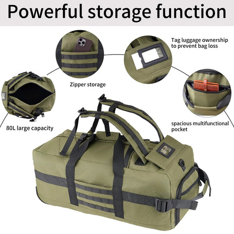 80L rolling duffel bag in olive-green with wheels and adjustable handle (front view)