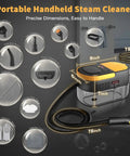 GLAMMAGIC Steam Cleaner With Adjustable Handle And 15 Accessories For Deep Cleaning Floors, Carpets, And Hard Surface Surfaces At Home, showing included tools and dimensions.
