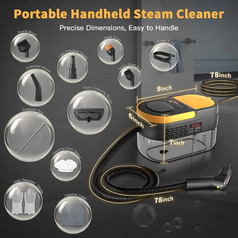 Chowerfly Handheld Steam Cleaner For Home Cleaning with tools, dimensions 9x6x7 inches, ABS housing, ideal for deep cleaning.