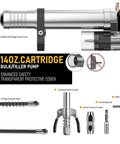 Electric Grease Gun Drill Adapter Kit with 14 oz load, showing metal pipe, locking coupler, 12-inch hose, and attachments.