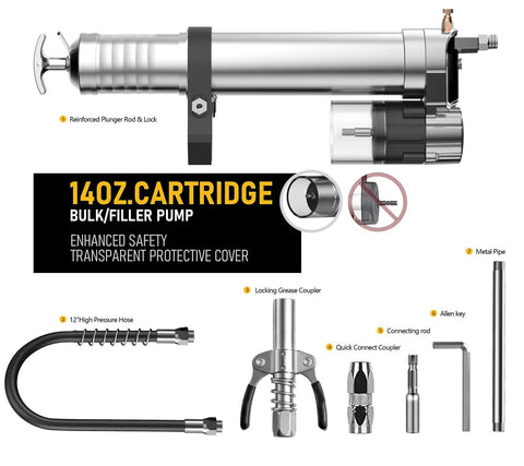 Electric Grease Gun Drill Adapter Kit with 14 oz load, showing metal pipe, locking coupler, 12-inch hose, and attachments.