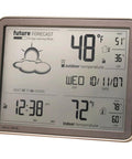 Self Learning Forecast Wireless Weather Station With Big Display And Atomic Clock For Indoor Outdoor Temperature, Real Time Readings, Trend Arrows And No Brainer Forecast Tech In Black showing future forecast and temperature readings