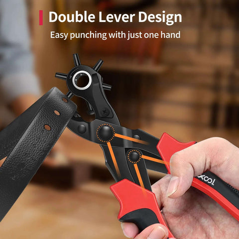 Beefy Rotary Leather Hole Punch Kit in use punching leather with double lever design, black and red handle visible