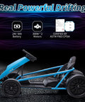 Blue Dual 300W Go Kart For Kids With 24V System, Eight Point One MPH Top Speed, drift-capable, 9Ah Battery, safe seat belt.