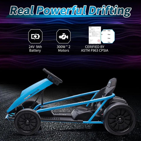 Blue Dual 300W Go Kart For Kids With 24V System, Eight Point One MPH Top Speed, drift-capable, 9Ah Battery, safe seat belt.