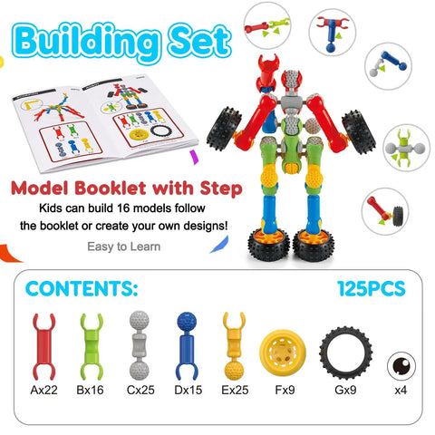 Stem Building Toys Set With 125 Pieces For Ages 3 4 5 6 7 8 And Up Boys And Girls Creative Engineering Blocks shown with model booklet