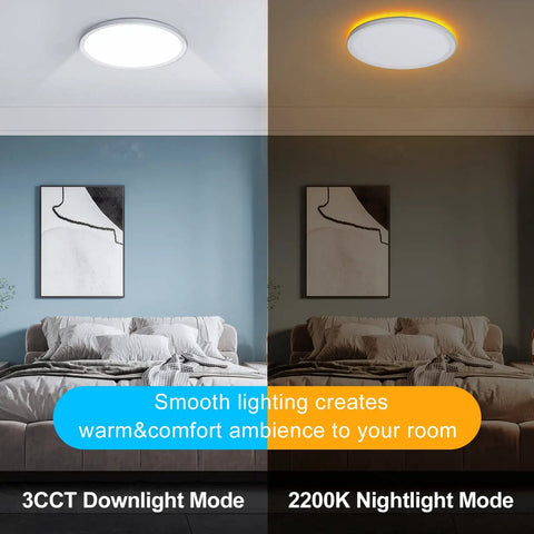 Image of Two Pack 12 Inch LED Flush Mount Ceiling Light With Night Light, 3CCT Downlight and 2200K Nightlight modes in bedroom.