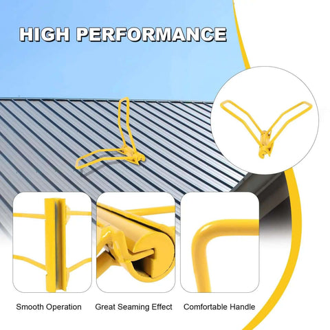Heavy Duty Sheet Metal Bender Hand Seamer For 90 Degree Standing Seam Roofing shown on metal roof with ergonomic handle.