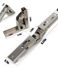 Beefy 90 Degree Folding Hinge 4 Pack Solid Drop Down Flap Door Hinges For Tables Shelves Bar Counters And Loft Hatches angled view, cold rolled steel, detailed measurements included.