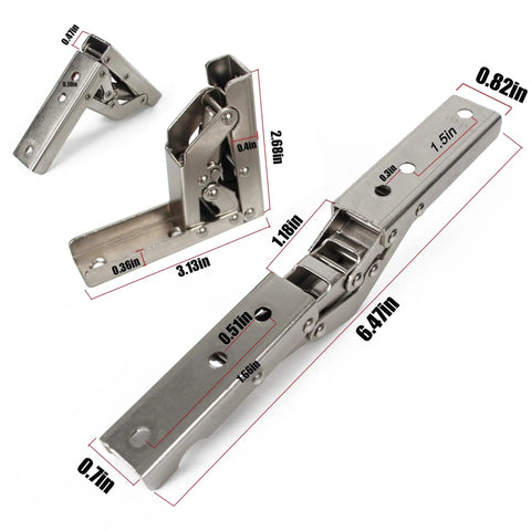 Beefy 90 Degree Folding Hinge 4 Pack Solid Drop Down Flap Door Hinges For Tables Shelves Bar Counters And Loft Hatches angled view, cold rolled steel, detailed measurements included.