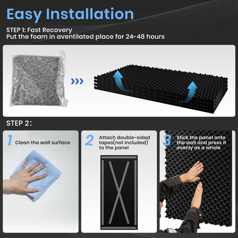 Easy installation guide for 2 Pack High Density Egg Crate Acoustic Foam Panels 48 X 24 Inches Commercial Grade Soundproof Wall Tiles.