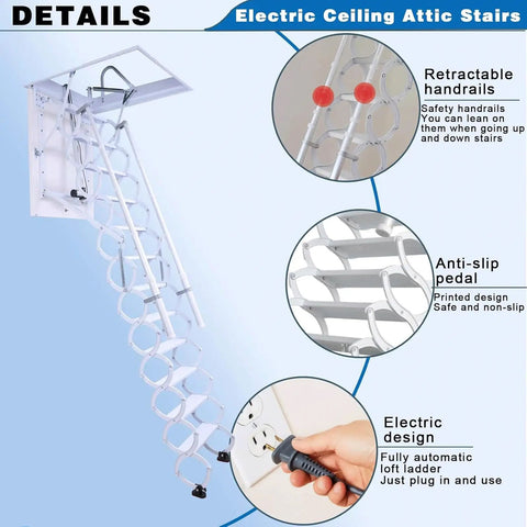 Electric Pull Down Attic Ladder With Built In Handrail Retractable Loft Stairs For Home Ceiling Access Heavy Duty Titanium Magnesium Alloy features safety handrails and anti-slip pedals.