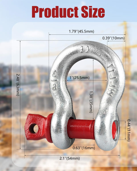 Close-up of 3/8 inch galvanized D ring with screw pin for Set Of Five Three Eighths D Ring Anchor Shackles Galvanized Screw Pin Heavy Duty Tow Strap And Winch Ready Beefy Deep Thread Load Safe Design For Traction Vehicle Recovery 1 Ton Working Load Limit, showing size dimensions against construction background.