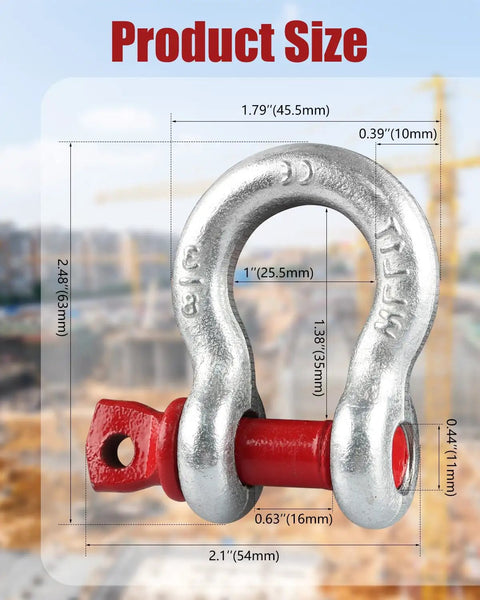 Size details of Badass 10 Pack 3/8 Inch Galvanized Steel Shackles Bundle showing dimensions and design features.