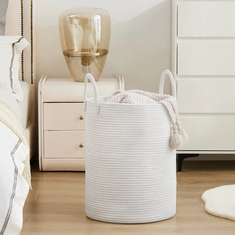 Big Ol Woven Rope Laundry Hamper Basket 58L Tall Portable Clothes And Blanket Storage For Bedroom Baby Nursery Pure White Cotton Cord Hamper For Laundry in bedroom setting