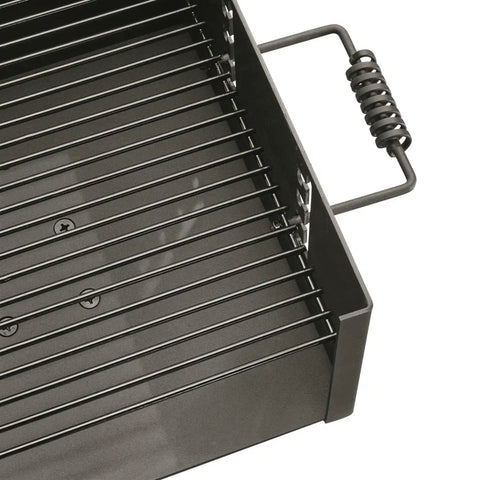 Close-up of Park Style Charcoal Grill For Camping And Backyard Outdoor Cooking Portable Patio Barbecue grilling grates and handle
