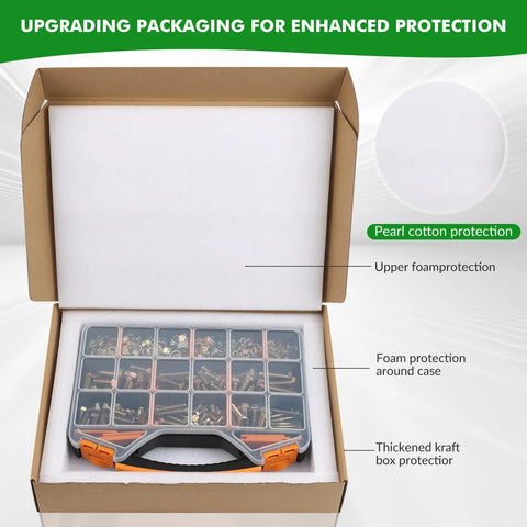 Packaging of 630 Piece Metric Hex Bolt Assortment Kit with Nylon Locknuts and Flat Washers M6 M8 M10 M12 showing foam protection.
