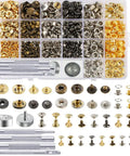 400 Piece Leather Fasteners Kit With Rivets, Eyelets, Grommets, Snaps And Binding Screws, Includes Fixing Tools For Thin Leather, Jackets And Jeans DIY Projects displayed in compartments with tools.