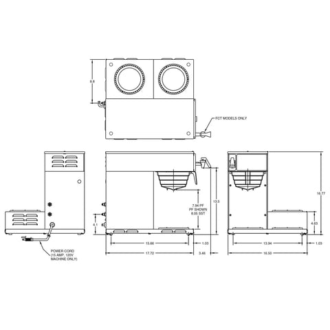 Technical diagram of Axiom 15 3 Automatic Commercial 12 Cup Coffee Maker With 3 Lower Warmers In Gray dimensions