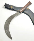Hand Crafted Damascus Steel Sickle Knife with Full Tang and Stabilized Rosewood Handle, leather sheath for garden work.
