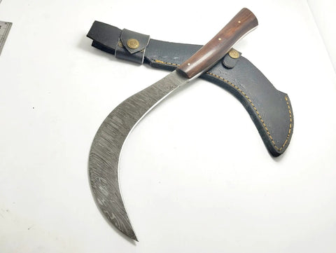 Hand Crafted Damascus Steel Sickle Knife with Full Tang and Stabilized Rosewood Handle, leather sheath for garden work.