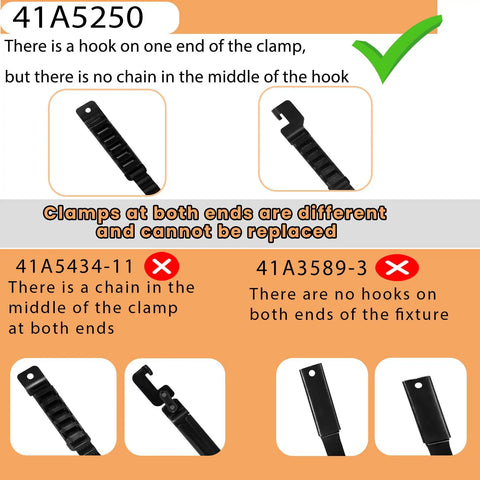 Diagram showing 41A5250 Garage Door Opener Belt features and compatible clamp types for 7 ft high doors.