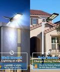 Outdoor Solar Flood Lights With Motion Sensor displayed in wall and pole mount configurations, showcasing charging and lighting features.