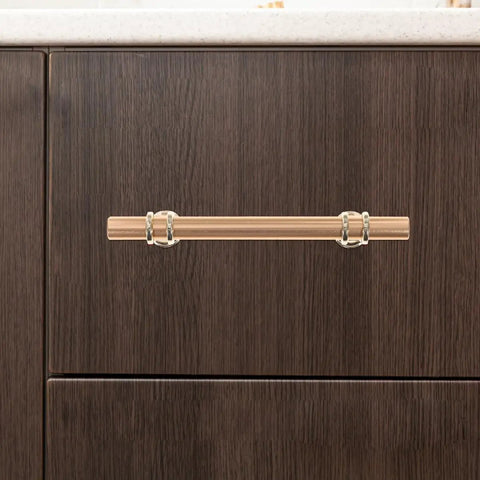 Solid Aluminum Cabinet Handles for Wardrobe and Drawer Two Pack Small Gold Pulls for Kitchen Cabinets and Dressers installed on dark wood
