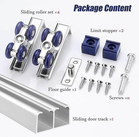 Mini Cabinet Bypass Double Sliding Barn Door Hardware Track Kit For 3/4 To 1 Inch Thin Doors, showing components and screws.