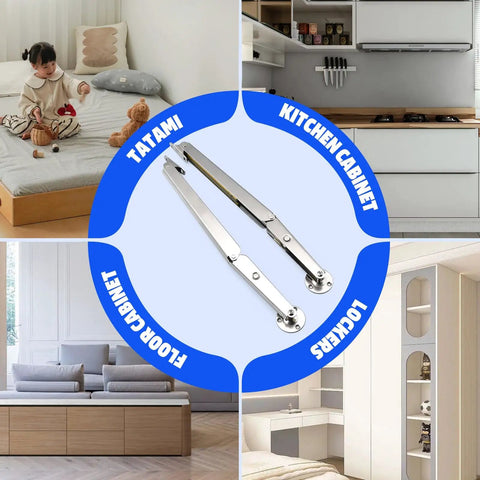 Two Pack 250N Lid Support Hinges For Toy Boxes on blue circle with kitchen, cabinet, floor storage, tatami bed scenes