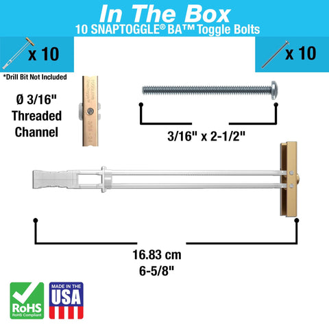 Heavy Duty Drywall Toggle Bolt 3/16-24 UNC Zinc Plated Anchor with bolts shown, 10 pack packaging details visible