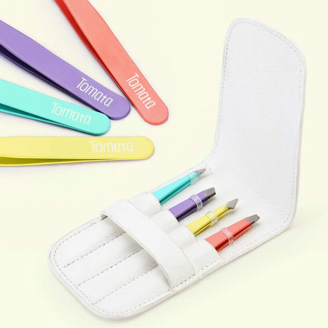 Pro Grade Eyebrow Tweezer Set Four Piece Slant And Pointed Tips Stainless Steel For Precision in multicolor case