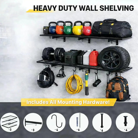 Heavy Duty Garage Wall Shelves 46 Inch By 12 Inch Floating Shelves Wall Mounted With 190 Lb Load Capacity Black Storage Rack loaded with tools and equipment