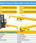 Tough As Nails Two Ton Forklift Jib Crane Featuring Telescopic Boom And Dual Direction Lifting For Workshop Use Flexible Mobile Hoist Reaching Over Twelve Feet, yellow carbon steel design.