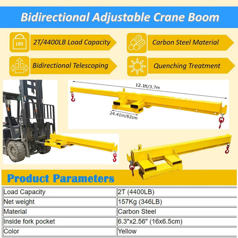 Tough As Nails Two Ton Forklift Jib Crane Featuring Telescopic Boom And Dual Direction Lifting For Workshop Use Flexible Mobile Hoist Reaching Over Twelve Feet, yellow carbon steel design.
