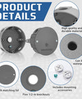 Product details of 4 Pack 4 Inch Round Old Work Electrical Boxes With Covers Weatherproof Outdoor Outlet Junction Box Five Hole Half Inch Holes Aluminum UL Listed for Ceiling Mount Lighting Systems Classic Gray, showing features and accessories.