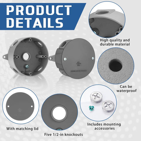 Product details of 4 Pack 4 Inch Round Old Work Electrical Boxes With Covers Weatherproof Outdoor Outlet Junction Box Five Hole Half Inch Holes Aluminum UL Listed for Ceiling Mount Lighting Systems Classic Gray, showing features and accessories.