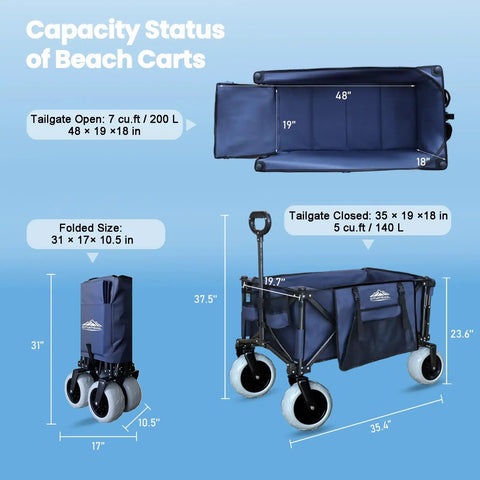 All Terrain Beach Wagon No Assembly Needed With 9x4 PU Wheels 200L Capacity 330lb Heavy Duty Collapsible Utility Cart With Extended Tailgate for beach camping.