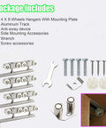 Heavy Duty Barn Door Sliding Hardware Kit For Two Doors With Bypass Double Track Rail System, showing 8-wheel hangers and hardware.