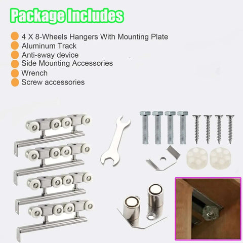 Heavy Duty Barn Door Sliding Hardware Kit For Two Doors With Bypass Double Track Rail System, showing 8-wheel hangers and hardware.