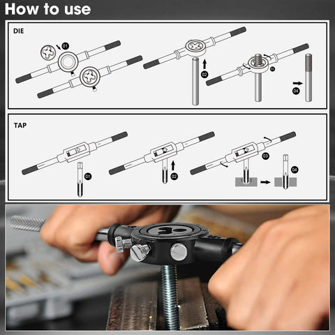 Using Pro Grade 45 Piece Tap and Die Set for Cutting External and Internal Threads With Adjustable Handles and Case.