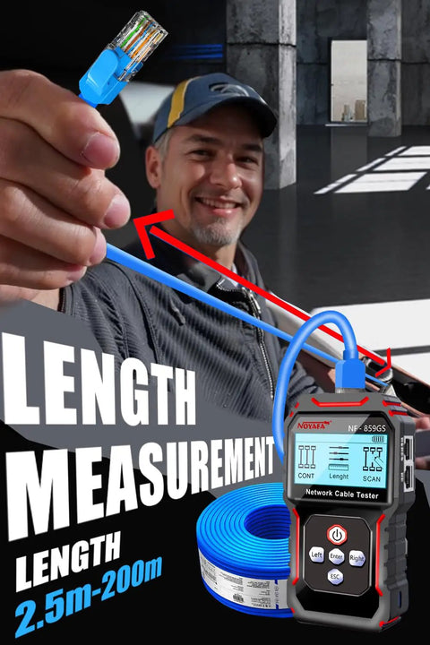 RJ45 Network Cable Tester With PoE And NCV Check, Cable Length Meter, Port Flashing Indicator in use measuring cable length