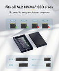 Rugged Aluminum M.2 NVMe SSD Enclosure Delivering Hella Fast 40Gbps USB4 Thunderbolt 4 Transfer Speeds With Zero Hassle Plug And Play Operation Optimized For Any M And B Plus M Key Drive showing compatibility with various M.2 NVMe sizes.