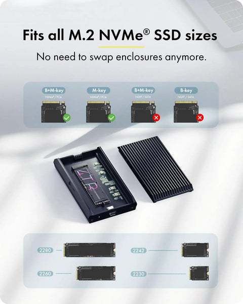 Rugged Aluminum M.2 NVMe SSD Enclosure Delivering Hella Fast 40Gbps USB4 Thunderbolt 4 Transfer Speeds With Zero Hassle Plug And Play Operation Optimized For Any M And B Plus M Key Drive showing compatibility with various M.2 NVMe sizes.