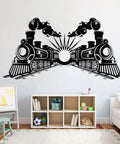 Steam Train Locomotive Wall Sticker For Kid-Friendly Room Decor, Transport Theme Wall Art Decal above a white bookshelf