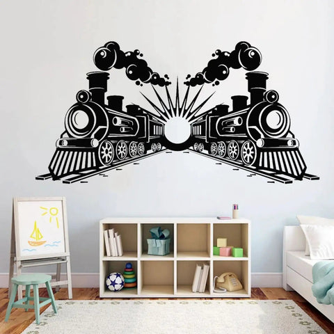 Steam Train Locomotive Wall Sticker For Kid-Friendly Room Decor, Transport Theme Wall Art Decal above a white bookshelf