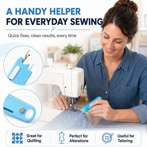 4 In 1 Needle Threader Kit With Seam Ripper Magnifying Glass And Magnetic Guide For Easy Threading Stitch Removal And Quick Sewing Fixes No Fuss All In One Sewing Accessory For Home Crafters, woman using blue sewing tool at machine